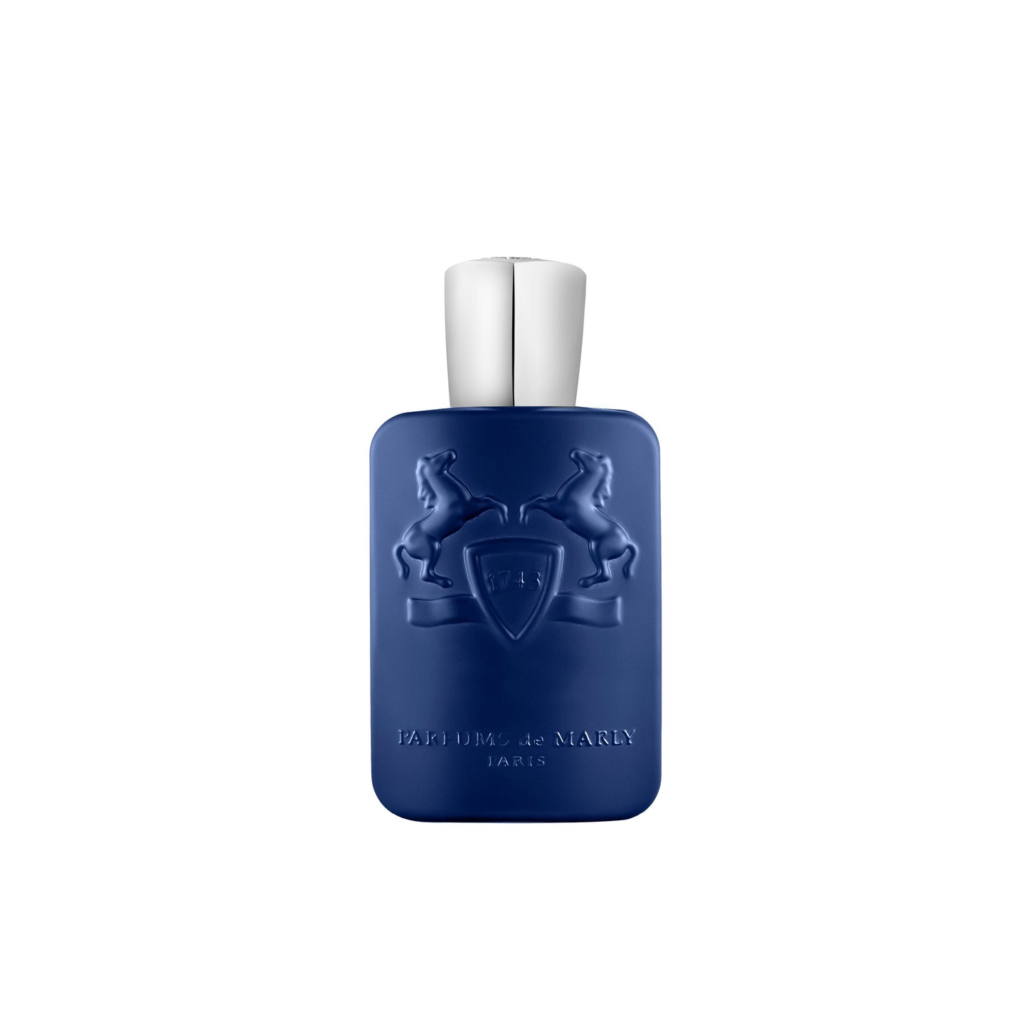 The Percival Eau de Parfum by Parfums de Marly features a blue bottle with a silver cap, embossed with two rearing horses and a shield. "Parfums de Marly Paris" appears near the bottom, reflecting its citrus and woody spices fragrance.