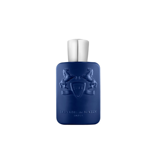 The Percival Eau de Parfum by Parfums de Marly features a blue bottle with a silver cap, embossed with two rearing horses and a shield. "Parfums de Marly Paris" appears near the bottom, reflecting its citrus and woody spices fragrance.