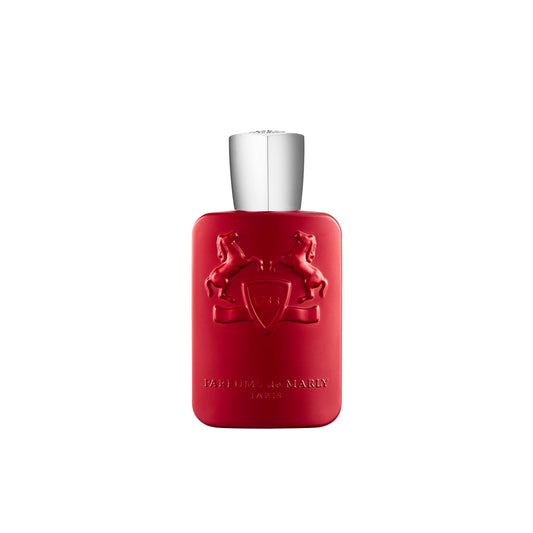 A red perfume bottle with a silver cap, embossed with two horses and a shield emblem, displays Kalan Eau de Parfum by Parfums de Marly—an Amber Spicy men’s scent. The background is plain white.