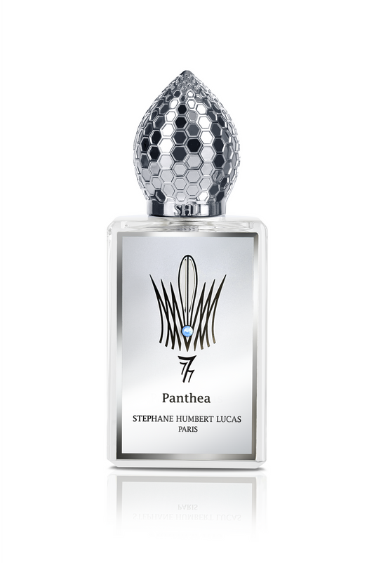Panthea Eau de Parfum by Fragrapedia Haus features a reflective silver cap with a honeycomb pattern and sleek silver label, capturing the refined elegance of iris and soft white musk.