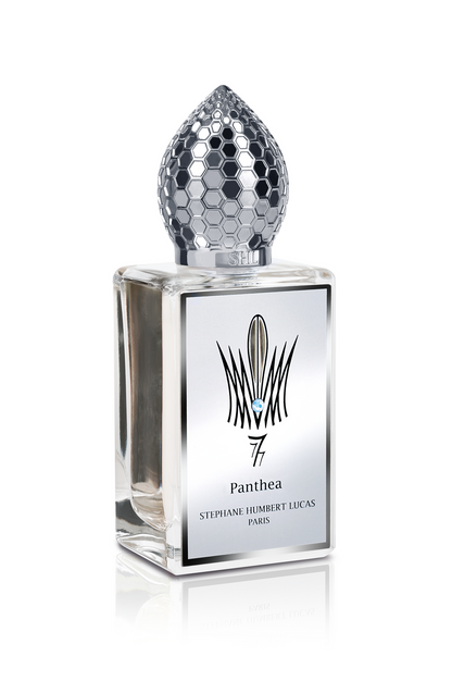 A sleek glass bottle with a silver honeycomb-patterned cap and a reflective label reading Panthea Eau de Parfum - Stephane Humbert Lucas by Fragrapedia Haus evokes elegance, hinting at notes of sandalwood and white musk.