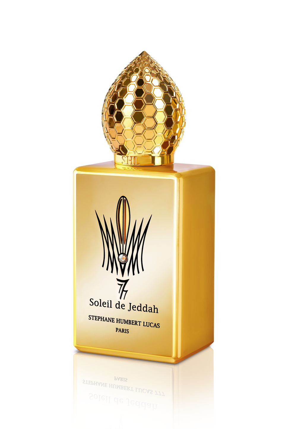 A gold rectangular bottle labeled Soleil de Jeddah L'Original Eau de Parfum by Fragrapedia Haus, with a textured honeycomb-patterned cap—an exquisite choice for fans of captivating oriental scents.