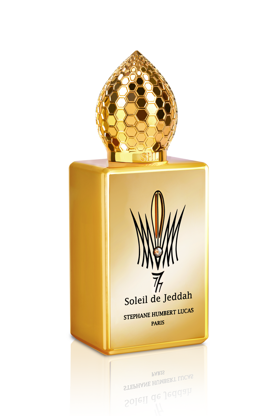A luxurious gold perfume bottle, Soleil de Jeddah L'Original Eau de Parfum by Fragrapedia Haus, boasts a honeycomb-patterned cap and sun logo—ideal for amber fragrance lovers and fans of opulent oriental scents.