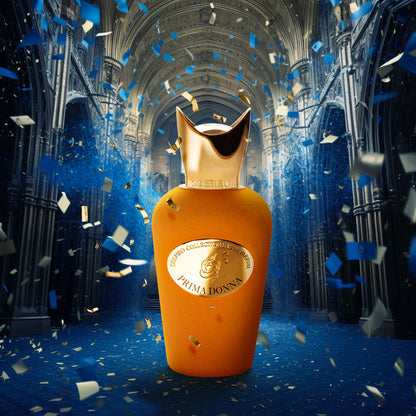 The Prima Donna Eau de Parfum by SOSPIRO stands in an ornate hall, adorned with blue and gold confetti, capturing the luxurious allure of its mesmerizing floral fragrance.
