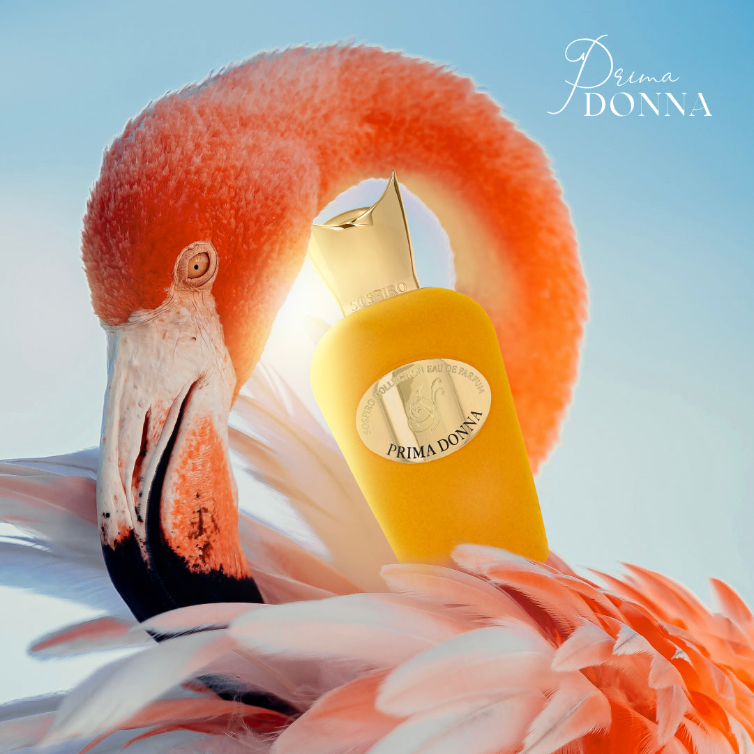 A pink flamingo curves around a gold-capped yellow Prima Donna Eau de Parfum - Sospiro bottle by SOSPIRO, set against a soft blue background. The Prima Donna logo is displayed in the top right corner.