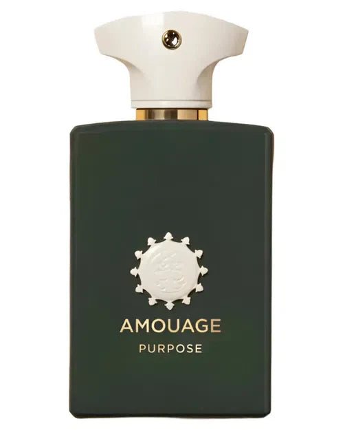 A dark green rectangular bottle of Purpose Eau de Parfum by Fragrapedia Haus features a white cap with gold accents, displaying the brand logo and name in gold and white, capturing refined mineral woods notes and evoking shamanic awakening.