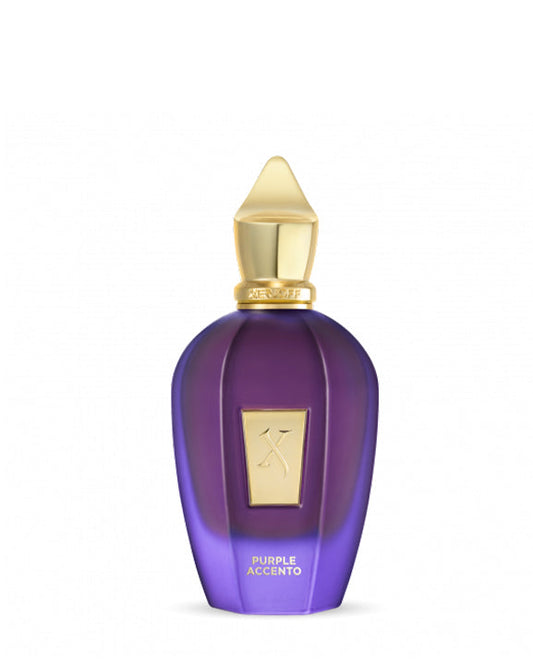 Purple Accento Eau de Parfum by Fragrapedia Haus comes in a striking purple bottle with a gold cap and label, offering an evocative scent and elegant design.