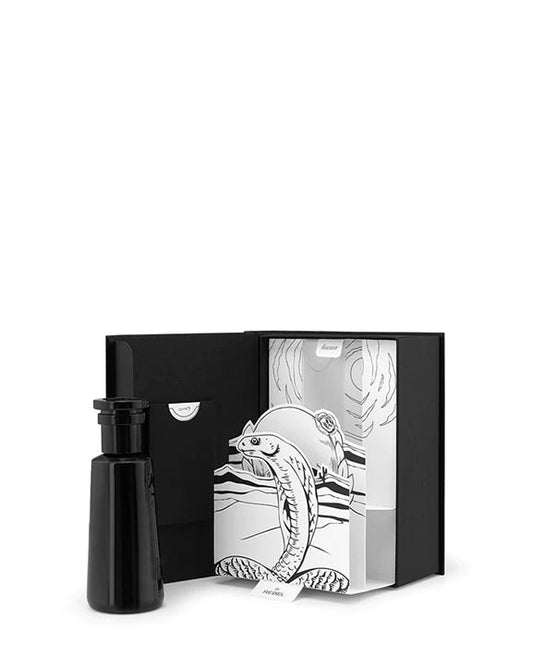 "REBEL" Eau de parfum by Argentum Black bottle and packaging with RATTLE SNAKE illustration on a white background