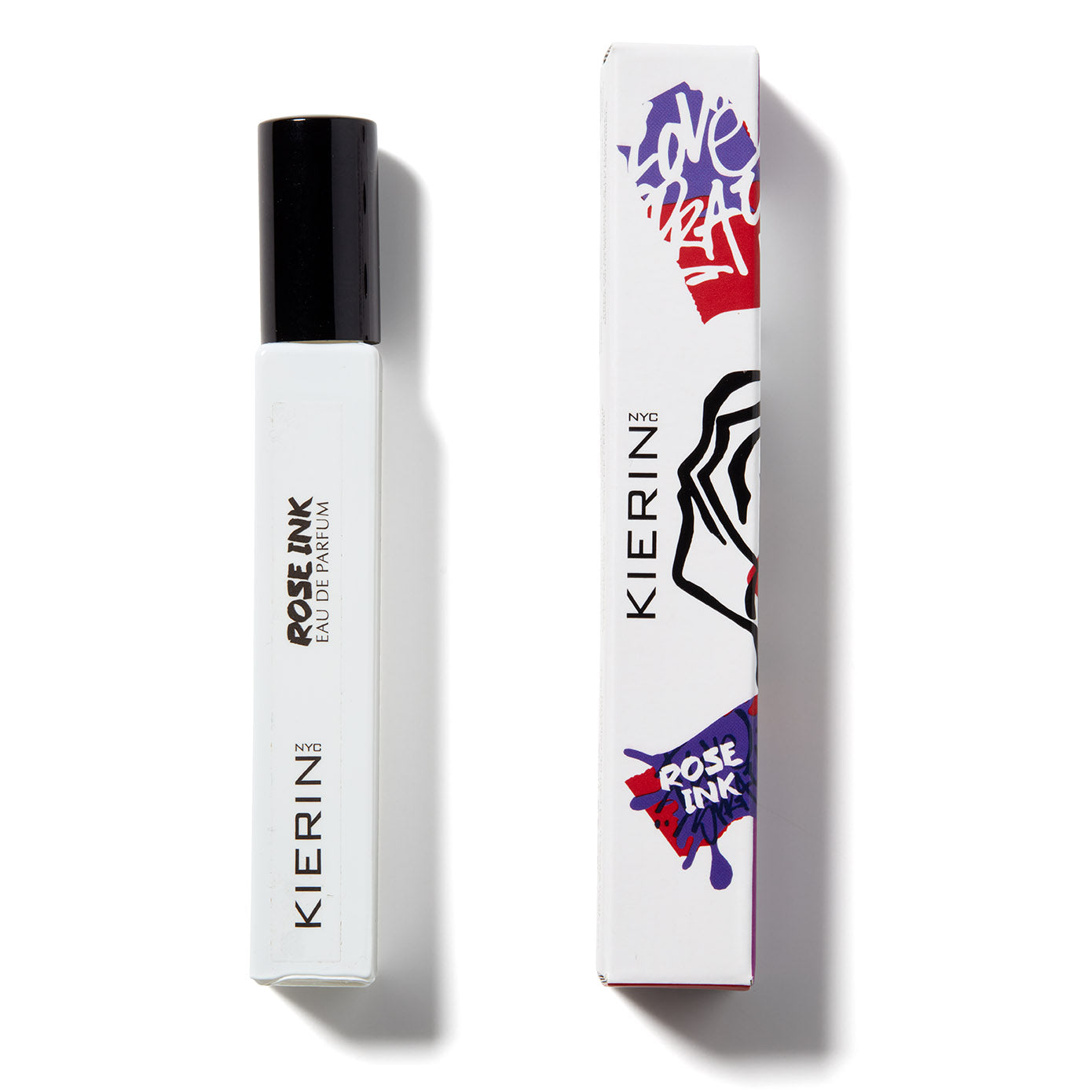 A white rectangular bottle of Kierin Rose Ink Eau de Parfum is shown beside its graffiti-style box. This bold, unisex scent by Kierin offers woodsy floral notes in a vibrant, artistic package.