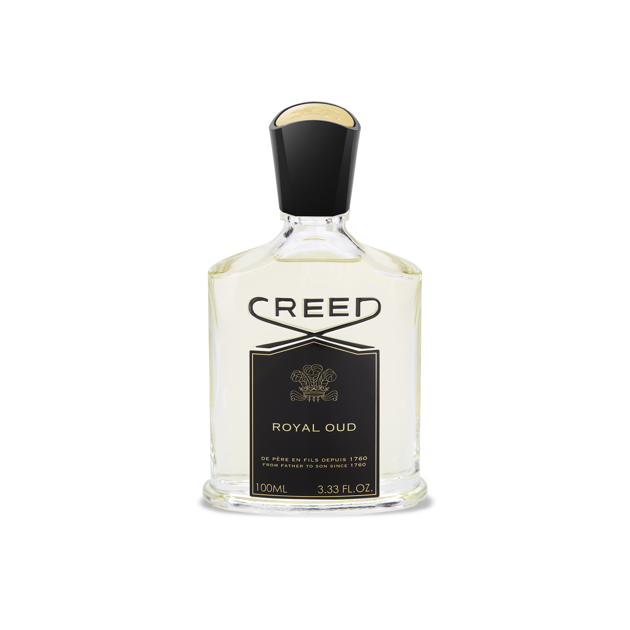 A 100ml clear glass bottle of CREED ROYAL OUD EDP by CREED, a woody spicy fragrance, features a black cap, a black and gold label with a gold emblem, and is photographed against a white background.