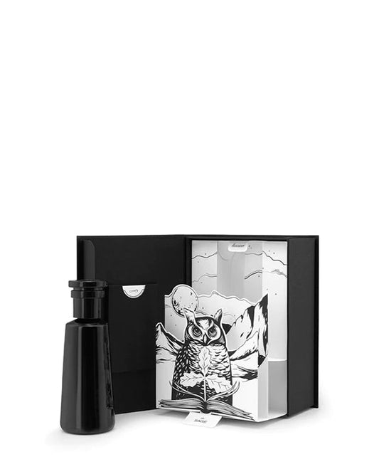 "SAGE" Eau de parfum by Argentum Black bottle and packaging with OWL EADING BOOK WITH MOON ABOVE illustration on a white background