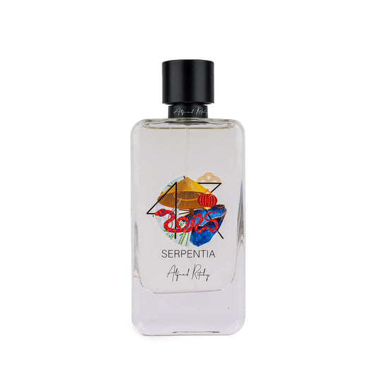A clear glass SERPENTIA Eau de Parfum bottle by Alfred Ritchy, topped with a black cap and adorned with a colorful abstract design—ideal for celebrating the Year of the Snake or gifting during Chinese New Year.