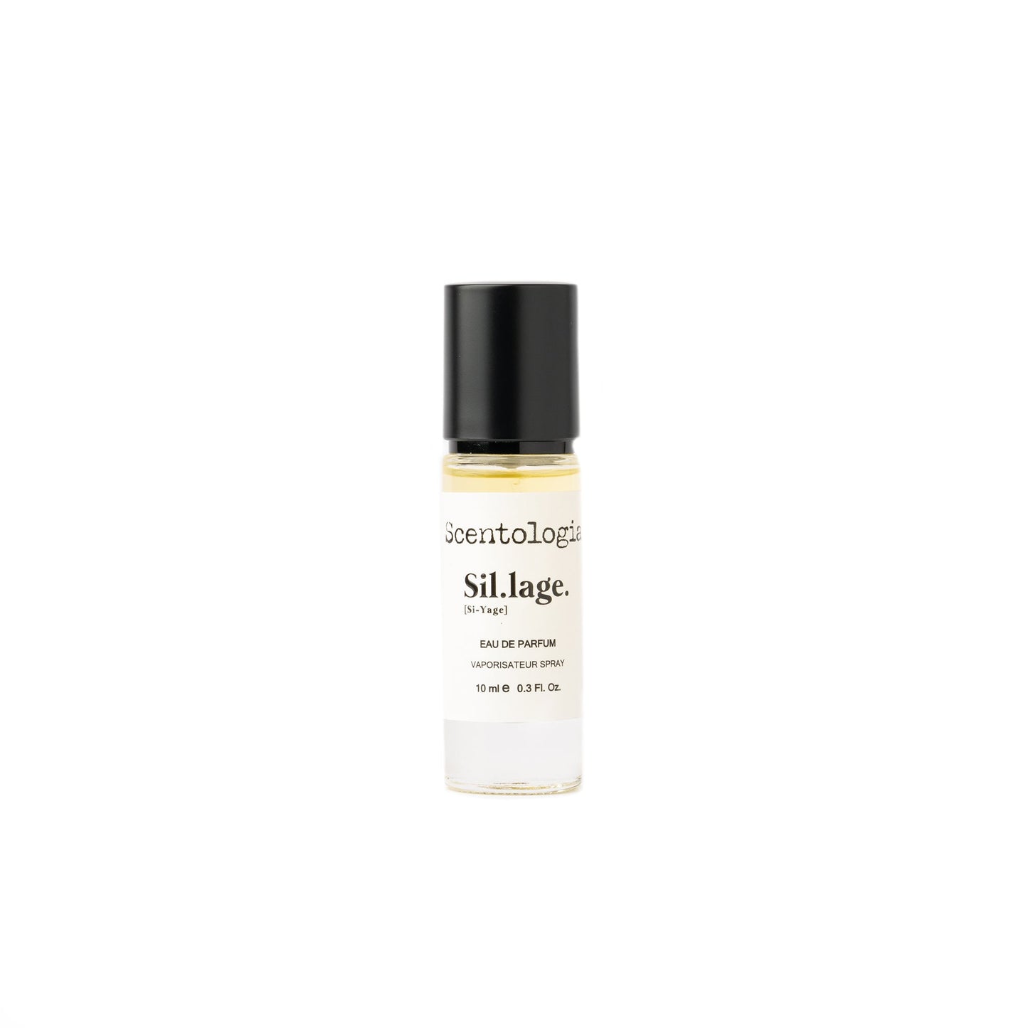 A sleek 10 ml Sil.lage. Eau de Parfum by Scentologia, featuring a black cap and refined fruity scent, is shown on a clean white background—perfect for lovers of sophisticated fragrances.