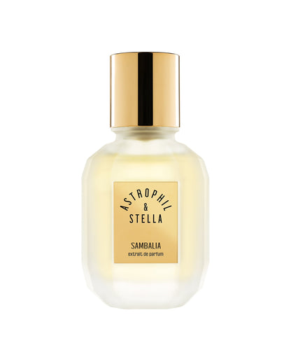 Perfume bottle with gold cap and label on a white background