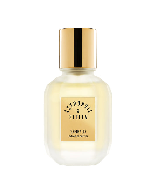 Perfume bottle with gold cap and label on a white background