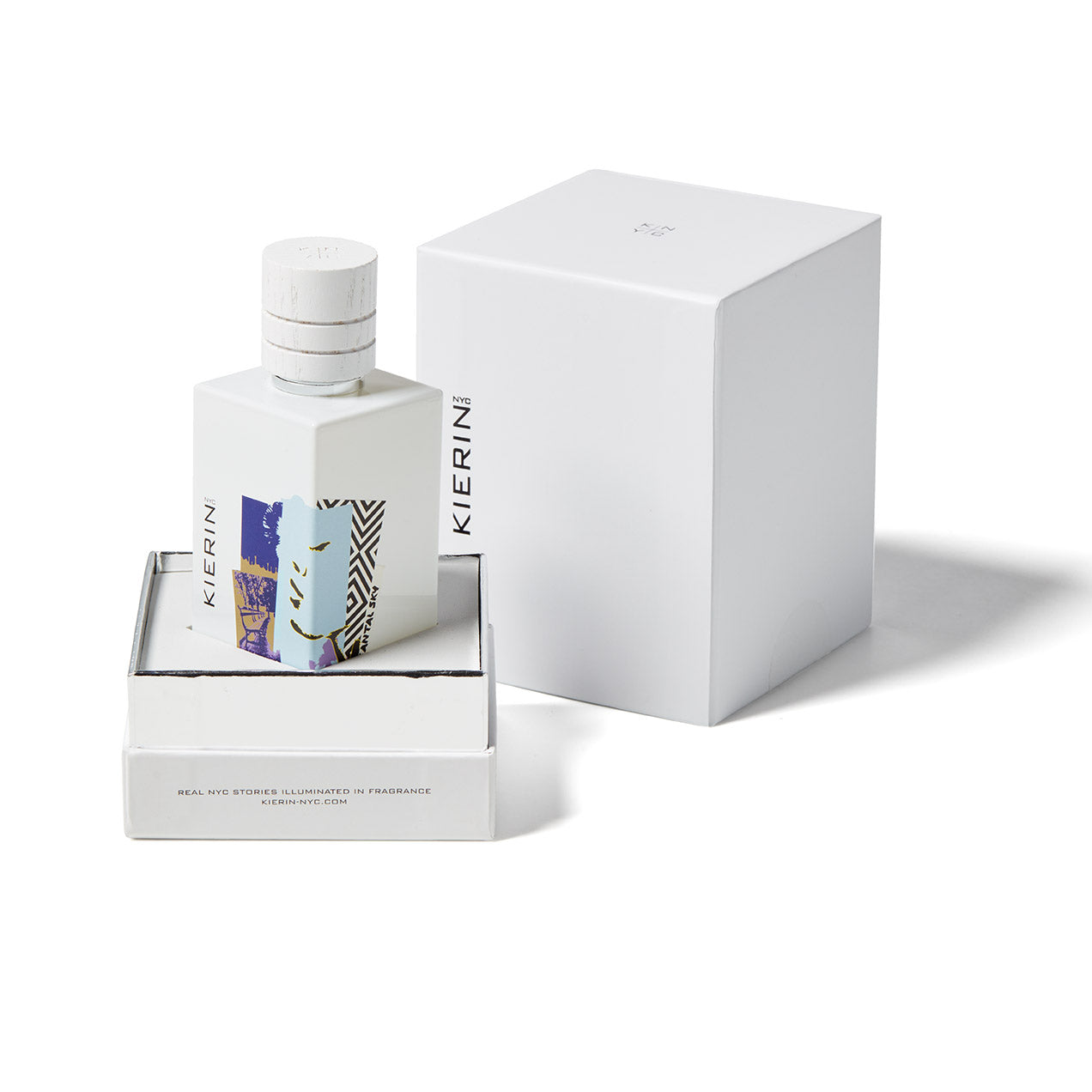 The Kierin Santal Sky Eau de Parfum features a white bottle with colorful abstract art, displayed in an open box with a matching lid and outer box, capturing a rich sandalwood and woody scent.