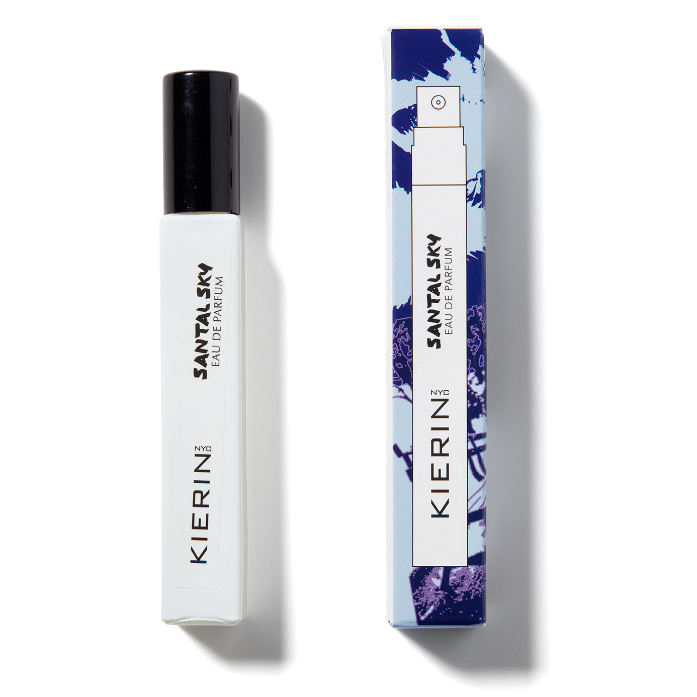 A white rectangular Santal Sky Eau de Parfum bottle by Kierin sits next to its blue and purple abstract box, capturing the modern allure of this woody sandalwood fragrance.