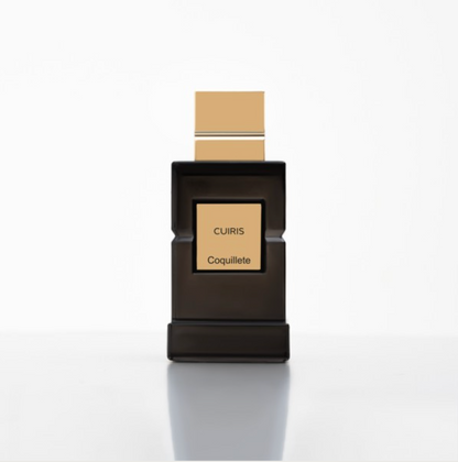 A rectangular black bottle with a square beige label reading "CUIRIS Eau de Parfum - Coquillete" and a matching beige cap exemplifies modern French perfumery by Coquillete, set against a plain white background.