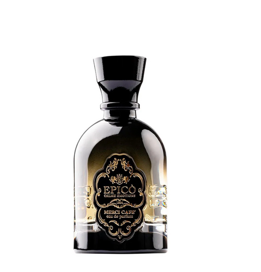 A black and gold perfume bottle labeled EPICO Merci Café Eau de Parfum, with an ornate front design, sits against a white background. This unisex fragrance offers a bold spicy scent with rich coffee notes.