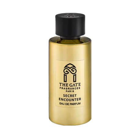 Secret Encounter Eau de Parfum by The Gate Paris comes in a gold cylindrical bottle with a black cap and the brand logo, offering an enticing oriental floral scent accented by jasmine sambac.