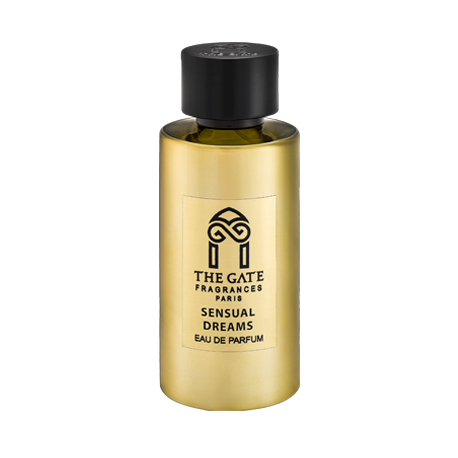 A gold bottle of Sensual Dreams Eau de Parfum by The Gate Paris, a floral fruity scent with bergamot and nectarine notes, features a black cap and logo on the front, set against a plain white background.