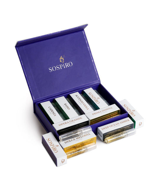 The Sospiro Discovery Set by SOSPIRO includes eight fragrance vials in labeled packaging, featuring scents such as Opera Grande, Accento Viola, Prima Donna, Dolce Melodia, and Deep Ocean Amber.