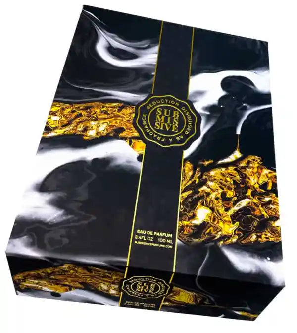 The Submissive Eau de Parfum box by Submissive Perfume features black, white, and gold marble patterns with gold accents and text, holding 100 ml of a sensual vanilla musk fragrance.