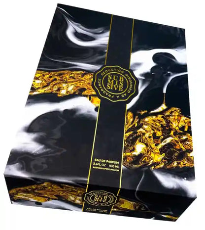 The Submissive Eau de Parfum box by Submissive Perfume features black, white, and gold marble patterns with gold accents and text, holding 100 ml of a sensual vanilla musk fragrance.