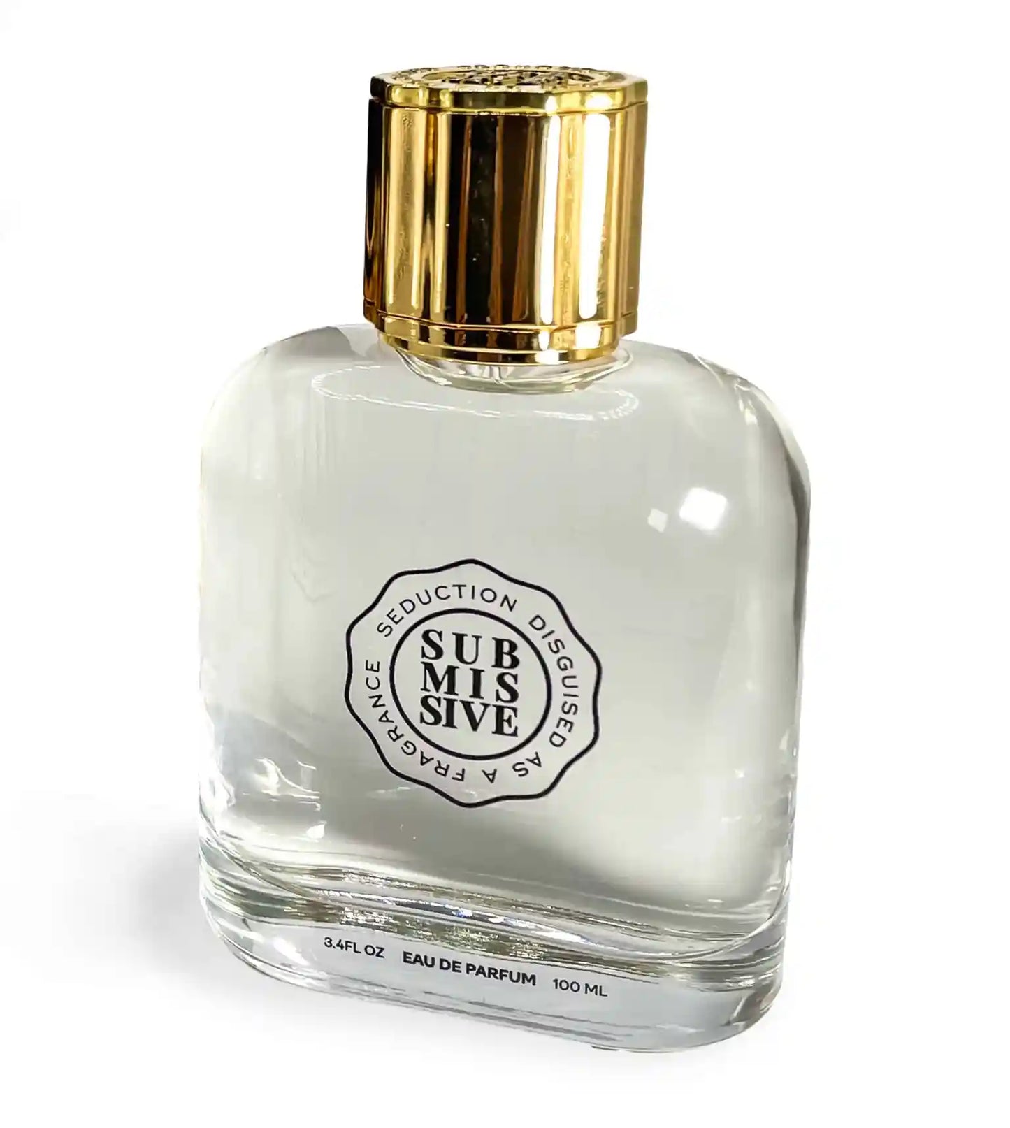 A clear glass bottle with a gold cap, labeled “SUBMISSIVE” by Submissive Perfume. The label reads “Seduction Disguise Fragrance” and suggests floral jasmine notes. Marked as 3.4 FL OZ (100 ML) Eau de Parfum.