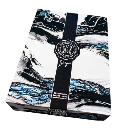 A rectangular Submissive Intrigue Eau de Parfum 100ml box by Submissive Perfume, featuring a black, white, and blue marbled abstract design with a vertical SUBMISSIVE Fragrance label and bergamot notes.