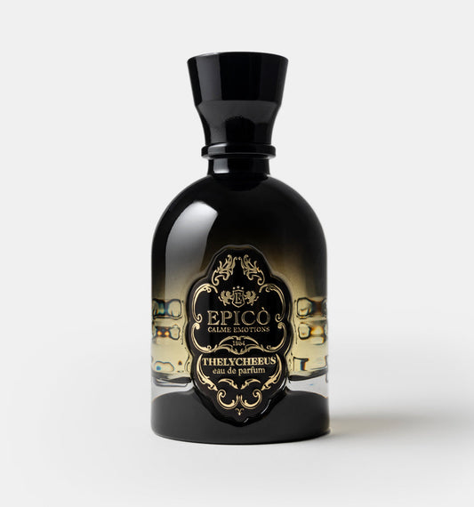 Black perfume bottle with decorative label on a light gray background Thelycheeus's by epico