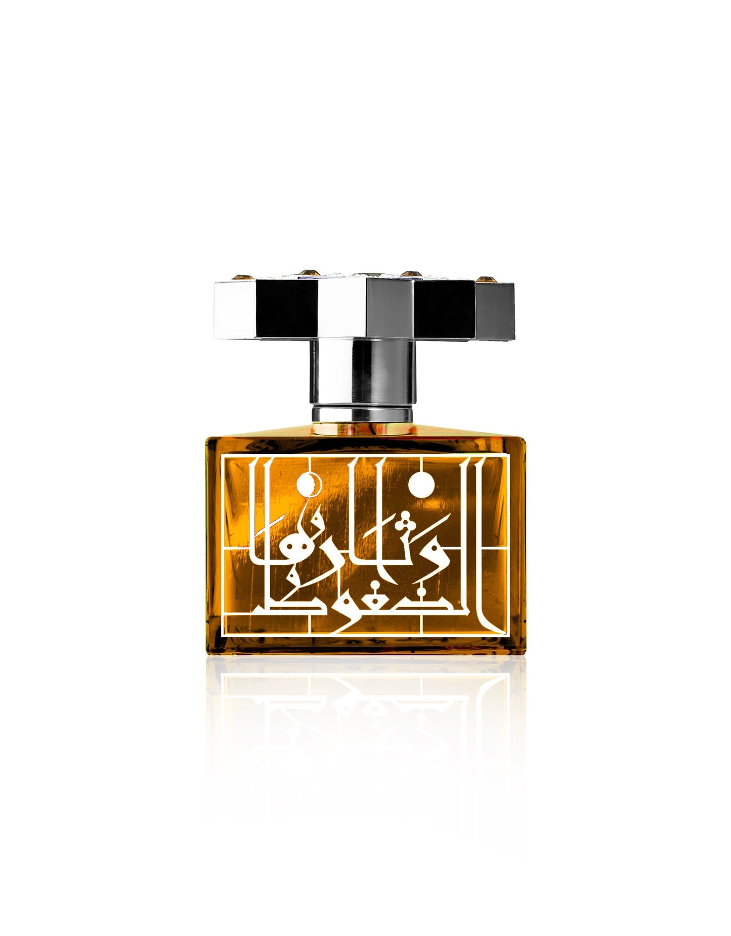 The Topaz Eau de Parfum by Kajal Perfumes Paris, a rectangular glass bottle filled with amber liquid and adorned with white Arabic script and a silver-black checkered cap, stands against a white background—a symbol of love in scent.