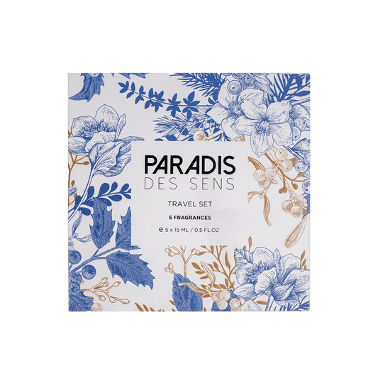 Square box labeled PARADIS DES SENS Travel Set features blue and gold floral designs on white. This set includes five 1 mL (0.03 fl oz) fragrances for a luxurious scent experience wherever you go.