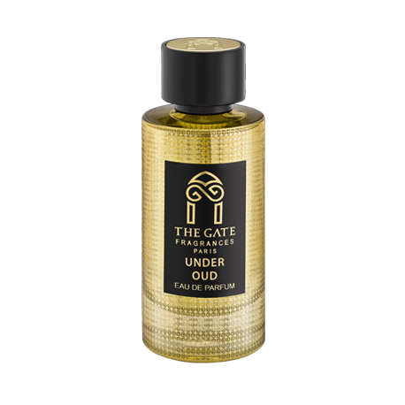 A gold textured bottle of Under Oud Eau de Parfum by The Gate Paris, featuring a black cap and label with gold text and the brand's stylized gate logo.