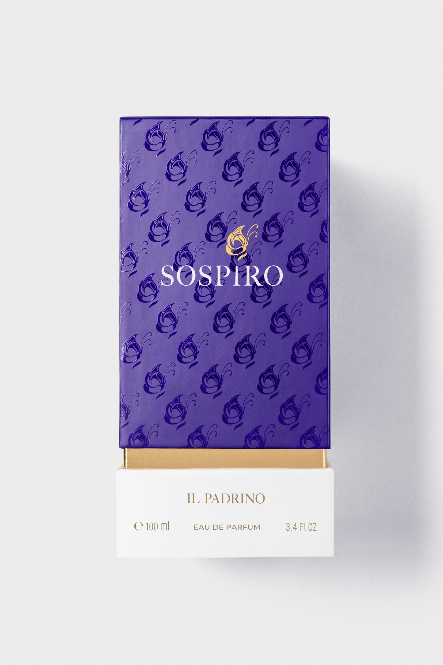 Purple and white box of Il Padrino eau de parfum by Sospiro packaging on a white background