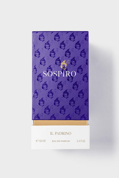 Purple and white box of Il Padrino eau de parfum by Sospiro packaging on a white background