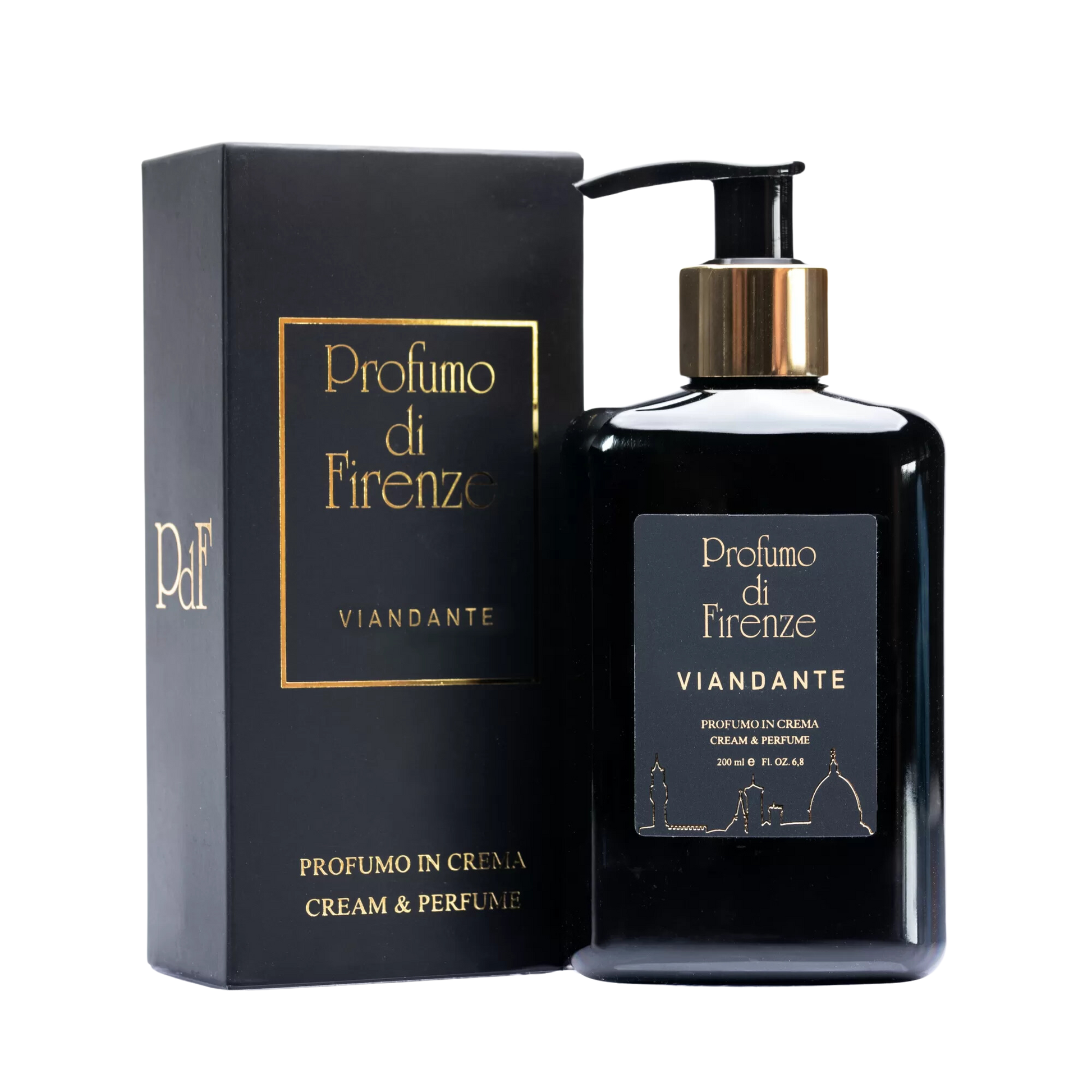 A black pump bottle and matching box of Profumo Di Firenze VIANDANTE "Wayfarer" Body Lotion, adorned with gold and white text and a Florence skyline illustration, infused with delicate sandalwood notes.