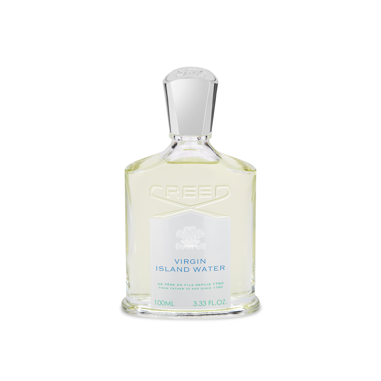A clear 100ml glass bottle of CREED VIRGIN ISLAND WATER EDP by CREED, featuring a silver cap, embossed logo, white label with blue text, and a vibrant tropical scent with Jamaican lime notes.