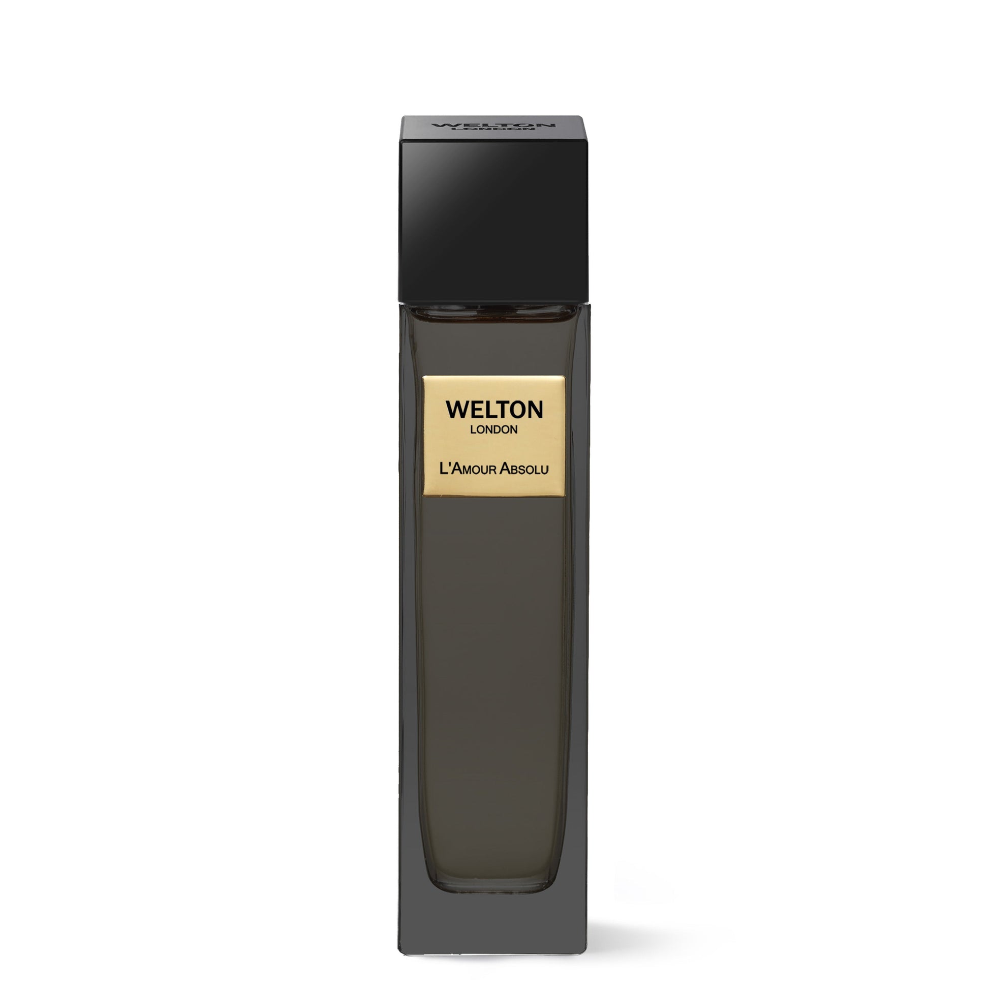 A tall, rectangular dark glass bottle with a black cap and gold label displays “Welton L'Amour Absolu EDP.” This luxury Welton fragrance stands out against a plain white background.