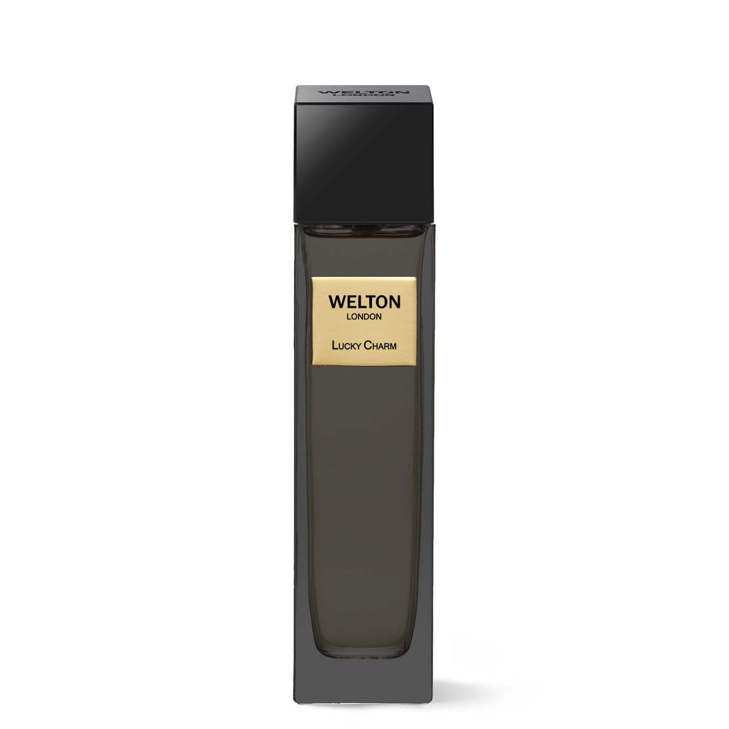 A tall, sleek black bottle with a gold “Lucky Charm EDP” label by Welton and a black square cap stands against a white background—an elegant luxury fragrance for lovers of sophisticated scents.