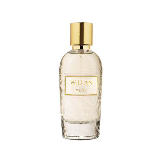 A clear glass perfume bottle with a gold cap and a gold label reading "White Eau de Parfum - Widian" by Fragrapedia Haus, set against a plain white background.