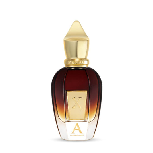 A luxurious XERJOFF Alexandria II Eau de Parfum bottle with a gold cap and accents, deep amber body, and gold "A" on the front, reflecting the elegance of this iconic oriental woody scent.