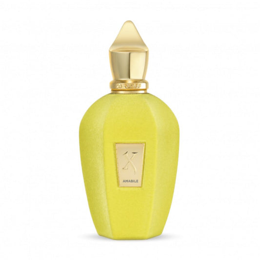 A yellow bottle of XERJOFF Amabile Eau de Parfum with a gold cap and "AMABILE" label features a matte, faceted design, reflecting the elegance of this unisex fragrance renowned for its woody aromatic notes.