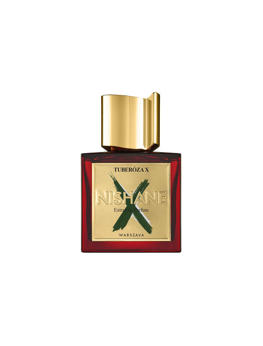 A red bottle of Fragrapedia Haus Tuberoza X Extrait de Parfum by Nishane, with a gold cap and green X on the label, features Indian tuberose white florals. The bottle is set against a plain white background.