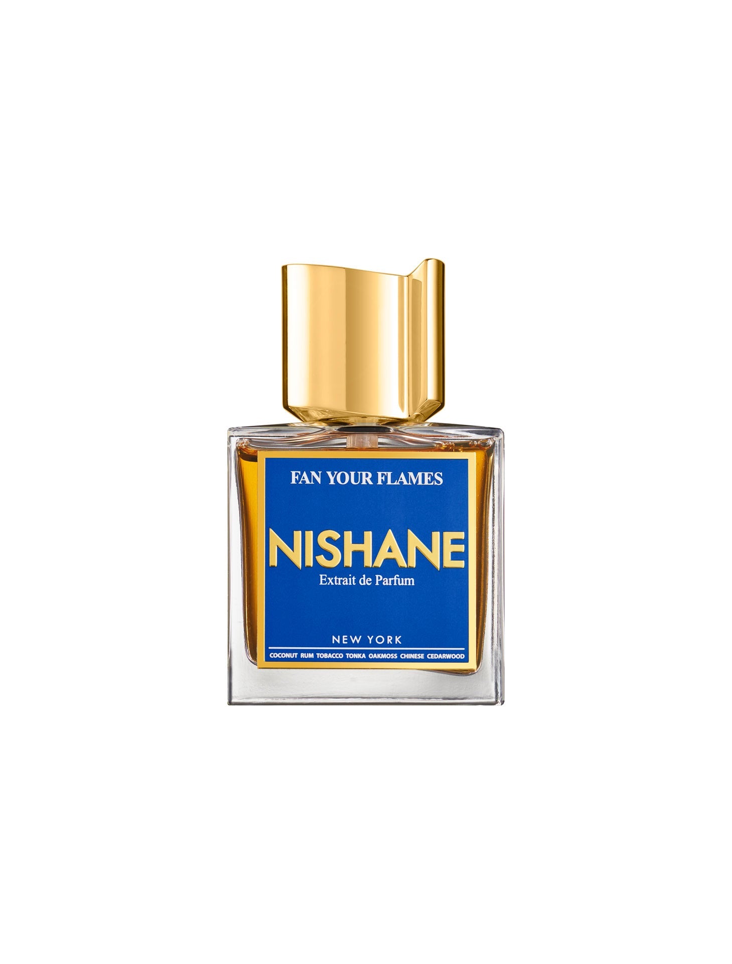 A square glass bottle of Fan Your Flames Extrait de Parfum by Fragrapedia Haus, with a gold cap and blue label featuring gold and white text, suggests coconut and tobacco notes, displayed on a white background.