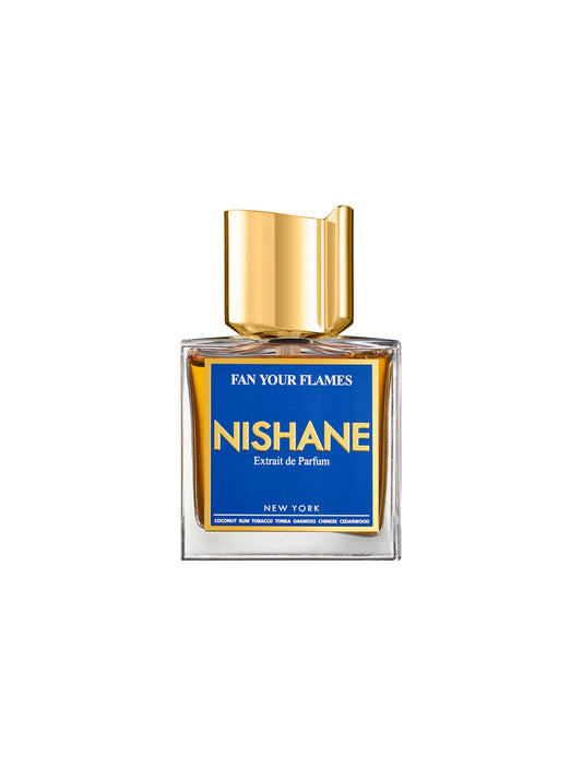A square glass bottle of Fan Your Flames Extrait de Parfum by Fragrapedia Haus, with a gold cap and blue label featuring gold and white text, suggests coconut and tobacco notes, displayed on a white background.