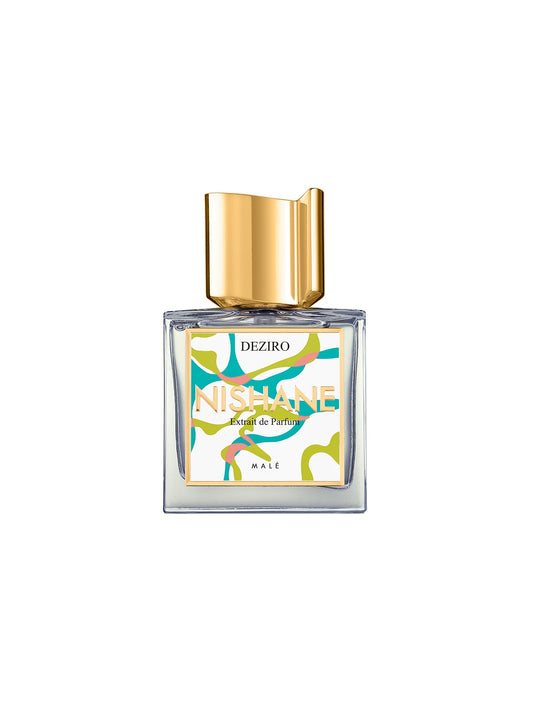 A square glass perfume bottle with a gold cap and an abstract yellow, green, and blue label reading "Deziro Extrait de Parfum - Nishane" by Fragrapedia Haus evokes the vibrant freshness of vetiver. The background is white.