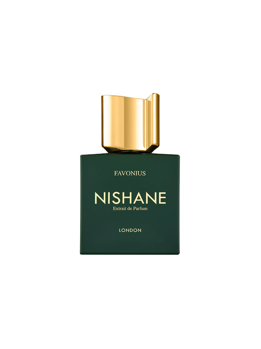 A dark green bottle of Favonius London Extrait de Parfum by Fragrapedia Haus, with a shiny gold rectangular cap, is shown against a plain white background.