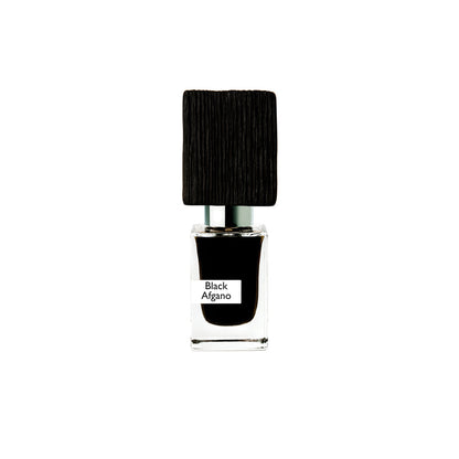 A clear glass bottle with black liquid labeled Black Afgano Extrait de Parfum by Fragrapedia Haus, featuring a large textured black cap and known for its bold hashish scent, is set against a plain white background.
