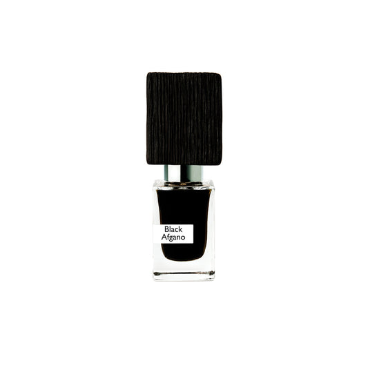 A clear glass bottle with black liquid labeled Black Afgano Extrait de Parfum by Fragrapedia Haus, featuring a large textured black cap and known for its bold hashish scent, is set against a plain white background.